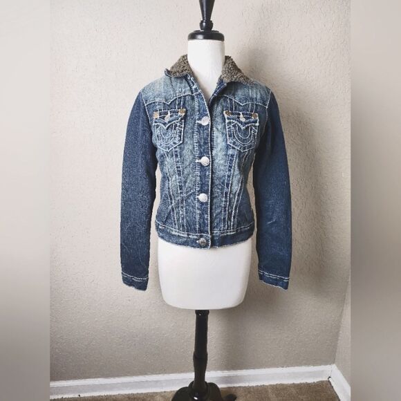 True Religion Sherpa Distressed Denim Jean Jacket Size M - Picture 1 of 10
